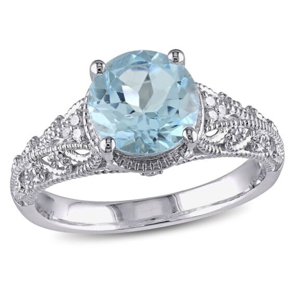 8mm Sky Blue Topaz, 1/20 CT. T.W. Diamond Filigree Ring in Sterling Silver Sz 7